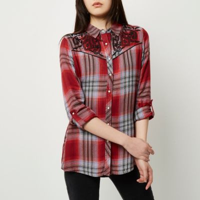Red check western embroidered shirt
